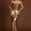 3D Embellished Bandeau Maxi Dress in Gold