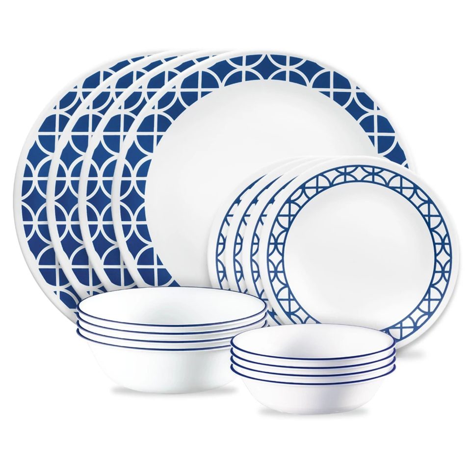 Corelle® Cobalt Circles 16-piece Mugless Dinnerware Set, Service of 4